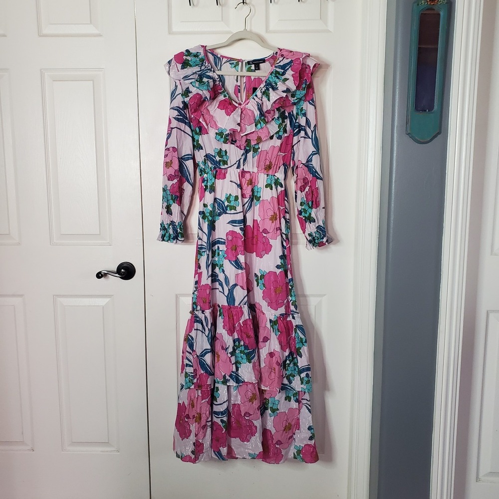 INC Naveena Floral-Print Ruffled Maxi Dress Tiered Peasant Bohemian Long Sleeves